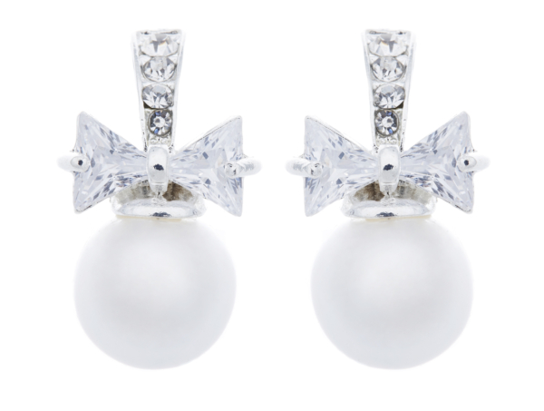 Clip On Earrings - Hadley - silver earring with a crystal bow & a pearl