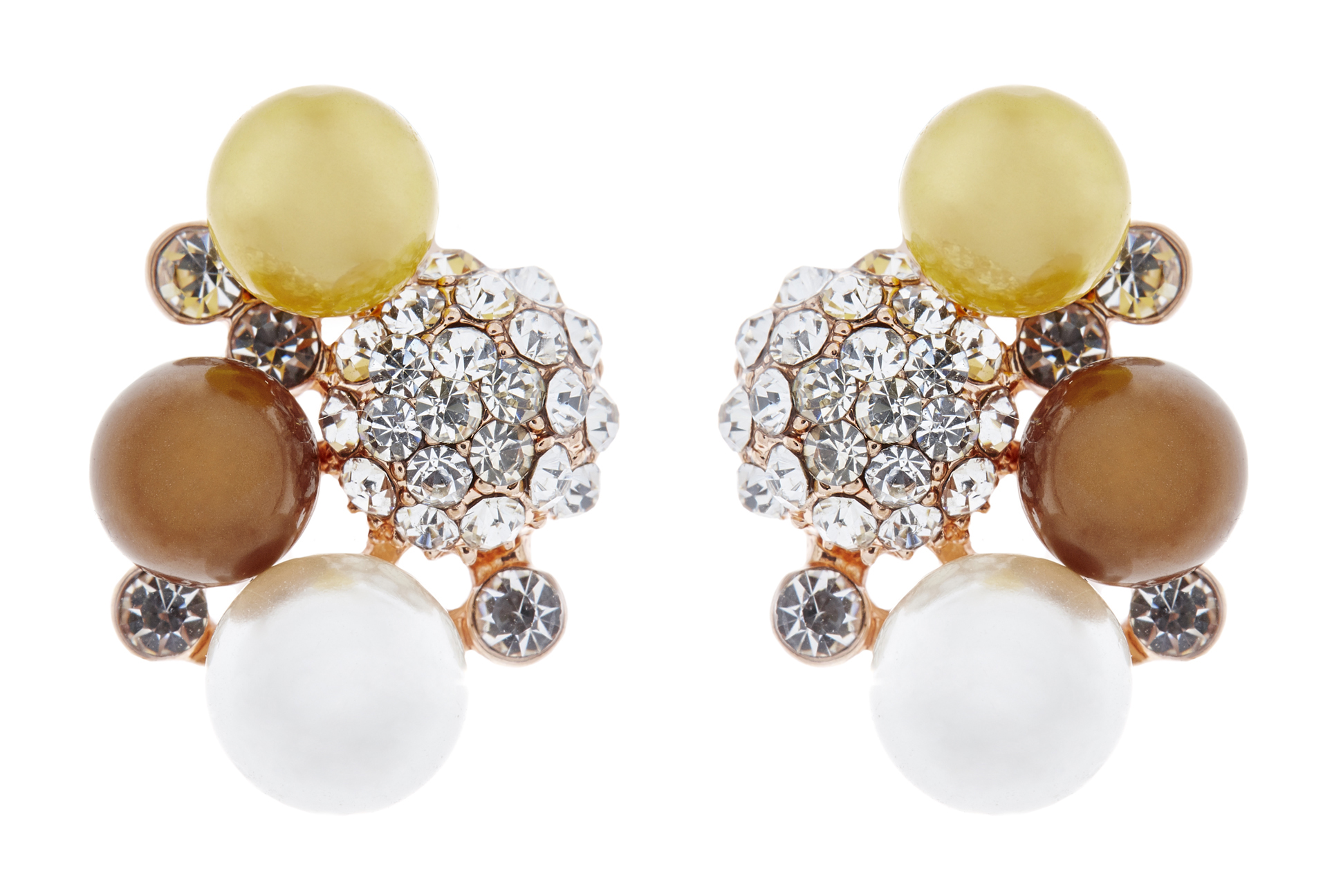Clip On Earrings - Hilda - gold earring with crystals and coloured pearls