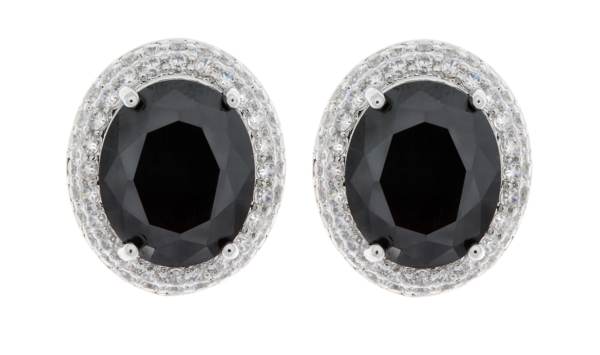 Clip On Earrings - Miley B - silver earring with cubic zirconia crystals and a black stone