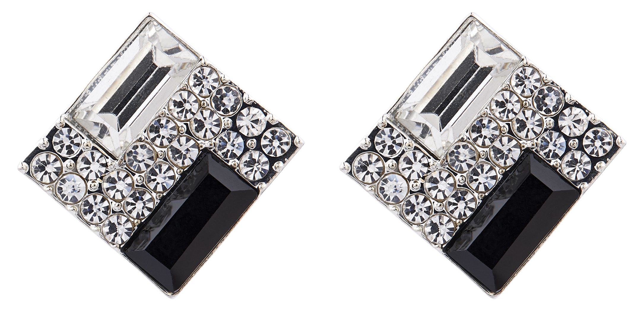 Clip On Earrings - Becky B - silver stud earring with a black stone and clear crystals
