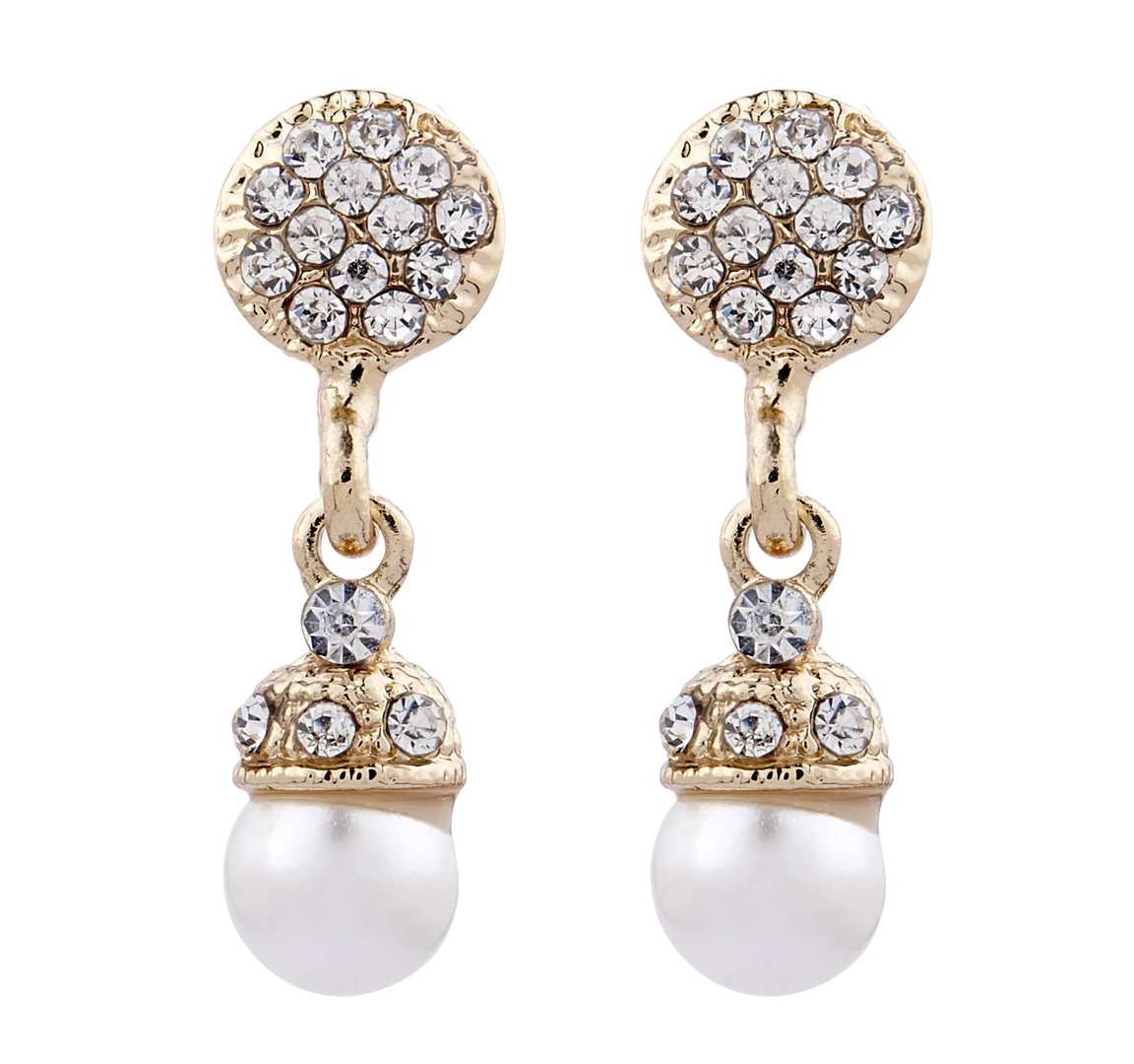Clip On Earrings - Bell G - gold pearl drop earring with clear crystals