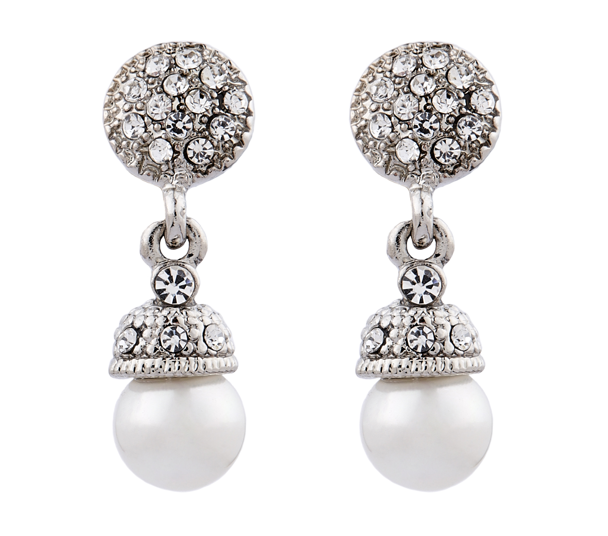 Clip On Earrings - Bell S - silver pearl drop earring with clear crystals