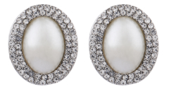 Clip On Earrings - Bertha S - silver vintage style earring with an oval pearl and crystals