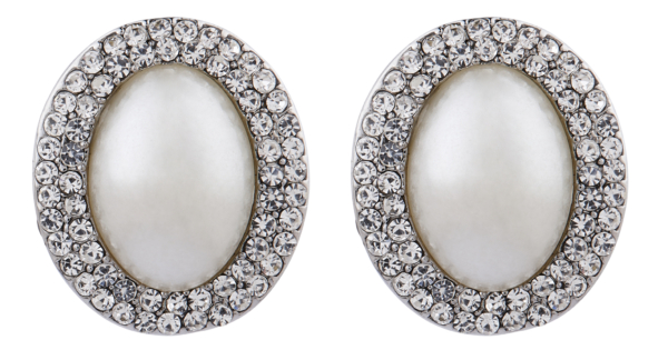 Clip On Earrings - Bertha S - silver vintage style earring with an oval pearl and crystals