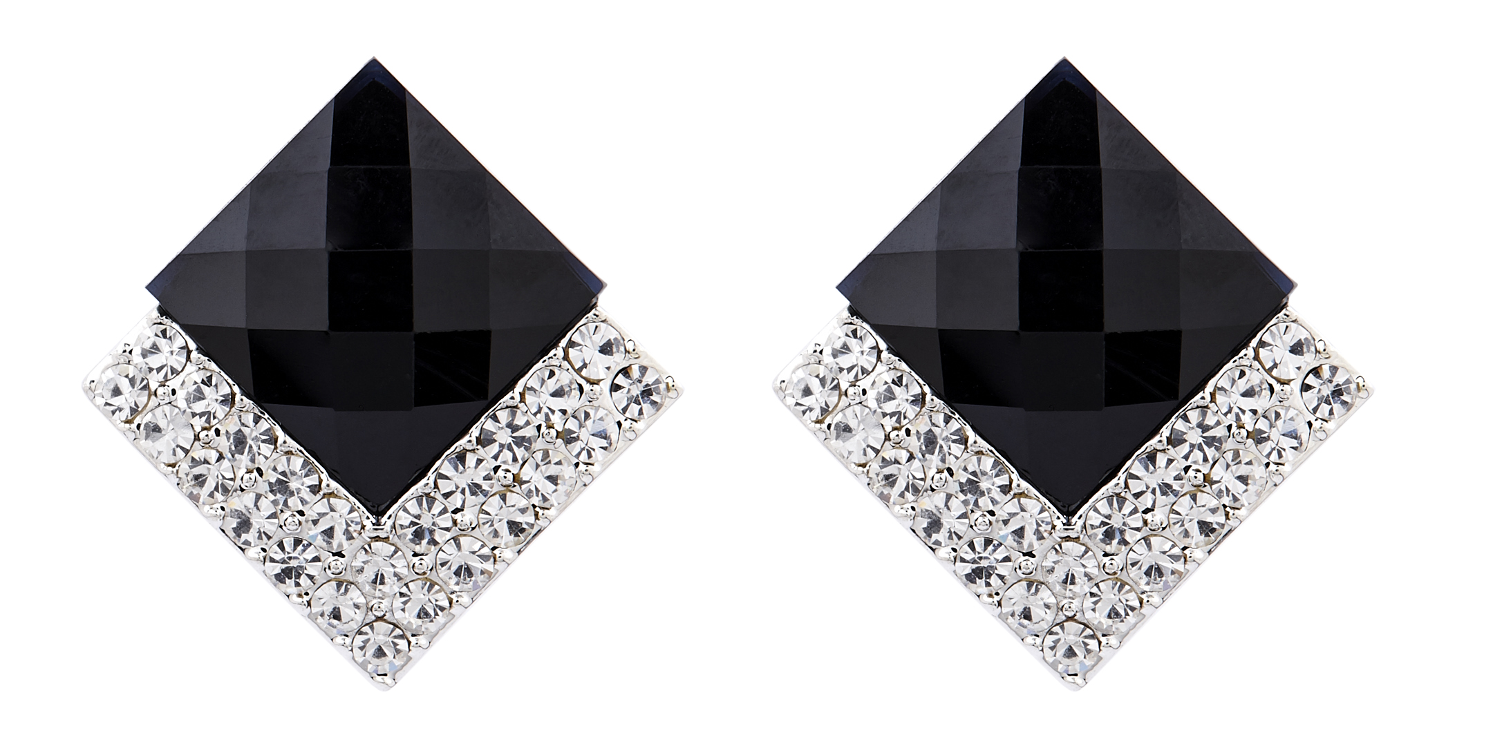 Clip On Earrings - Bess BK - silver stud earring with a black stone and crystals