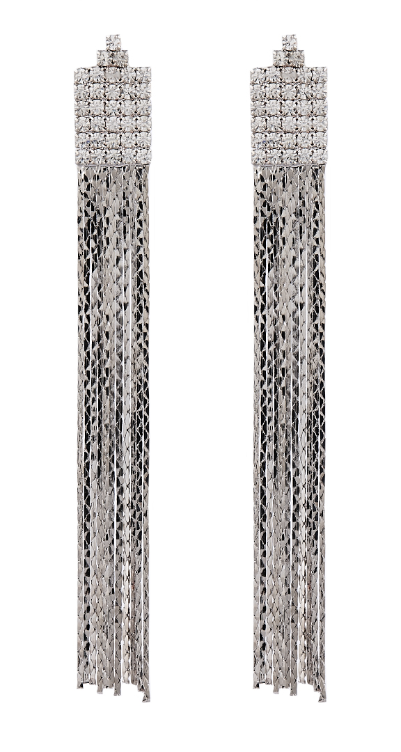 Clip On Earrings - Bridie S - silver earring with sparkly linked chain strands and crystals