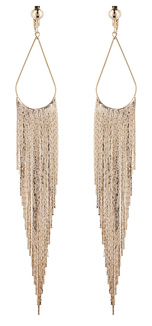 Clip On Earrings - Britney G - gold chandelier earring with long sparkly strands