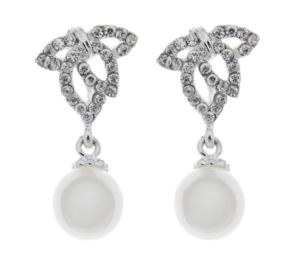 Clip On Earrings - Elle - silver drop earring with clear diamante crystals and a pearl