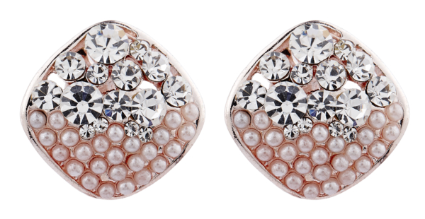Clip On Earrings - Emma C - rose gold stud earring with pearls and clear crystals