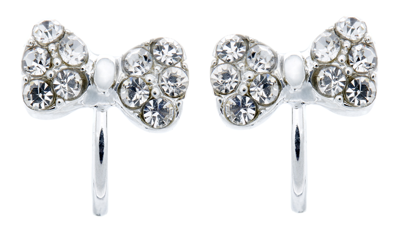 Clip On Earrings - Helina - silver bow earring with clear crystals
