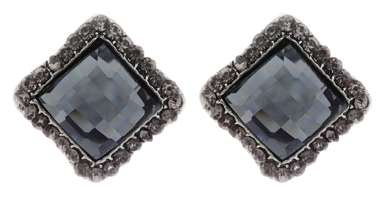 Clip On Earrings - Hera - silver stud earring with a square stone and crystals