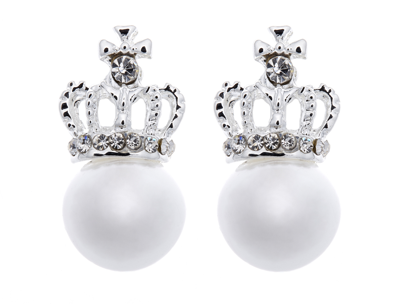 Clip On Earrings - Honor - silver crown earring with a pearl and clear crystals