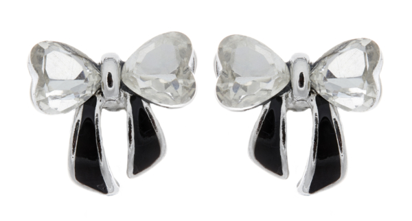 Clip on earrings - Malina - silver bow with clear stones and black enamel