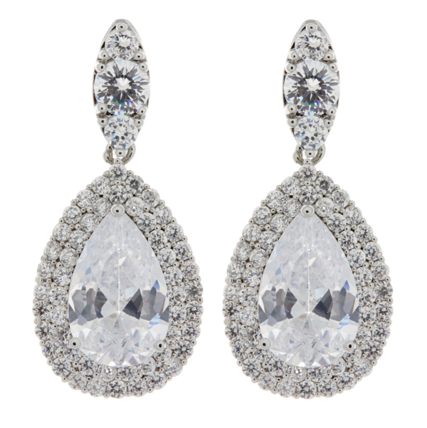Clip On Earrings - Mavis - silver luxury drop earring with clear cubic zirconia crystals and stone