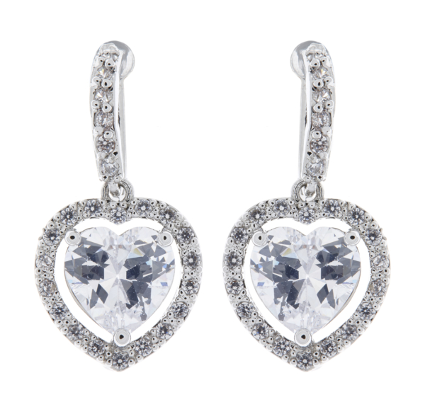 Clip On Earrings - Mel - silver drop earring with cubic zirconia crystals and a heart shaped stone