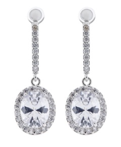Clip On Earrings - Meryl C - silver drop earring with clear cubic zirconia crystals and stone