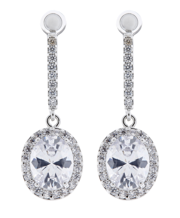Clip On Earrings - Meryl C - silver drop earring with clear cubic zirconia crystals and stone