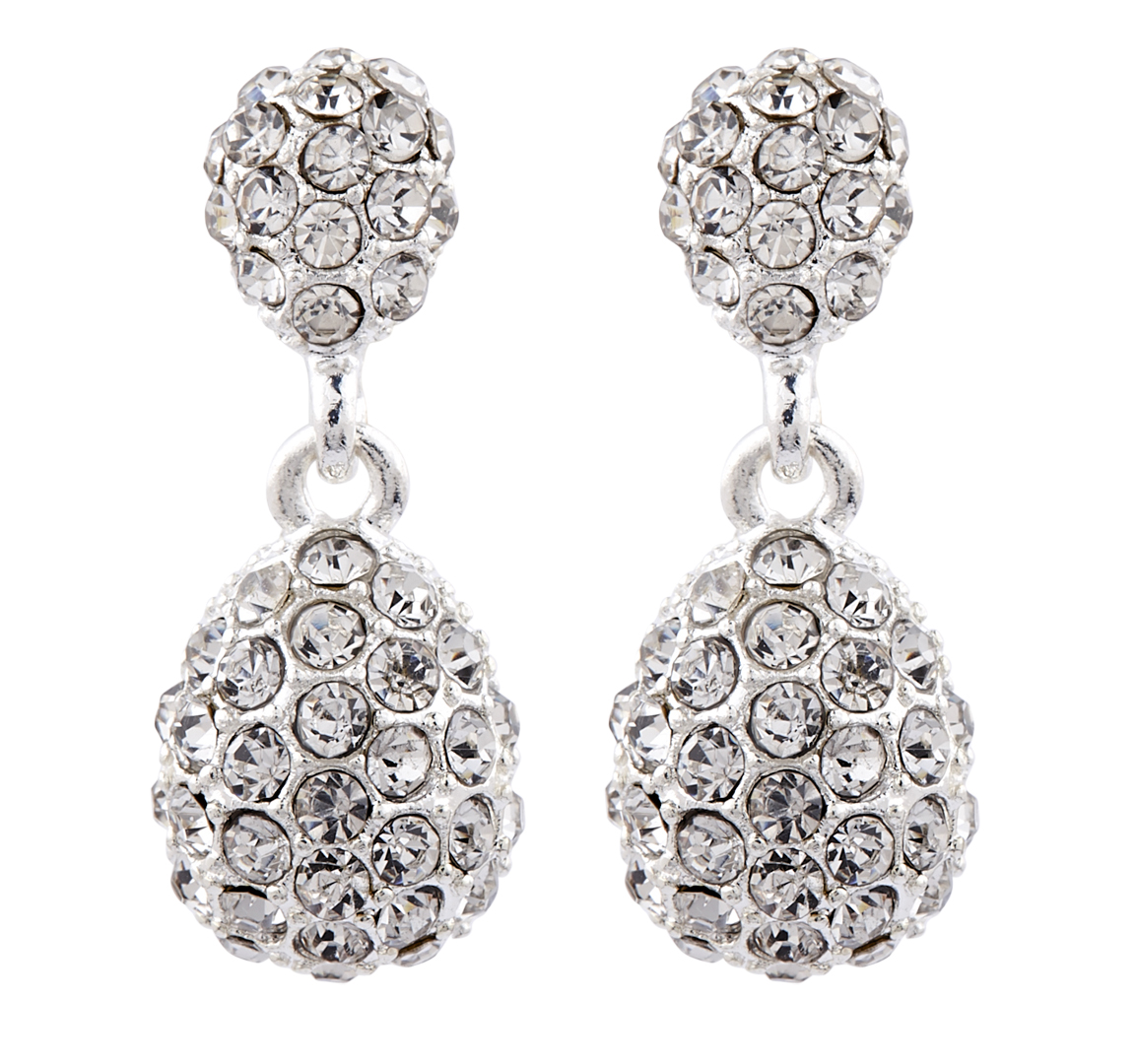 Clip On Earrings - Mia S - silver drop earring with clear crystals