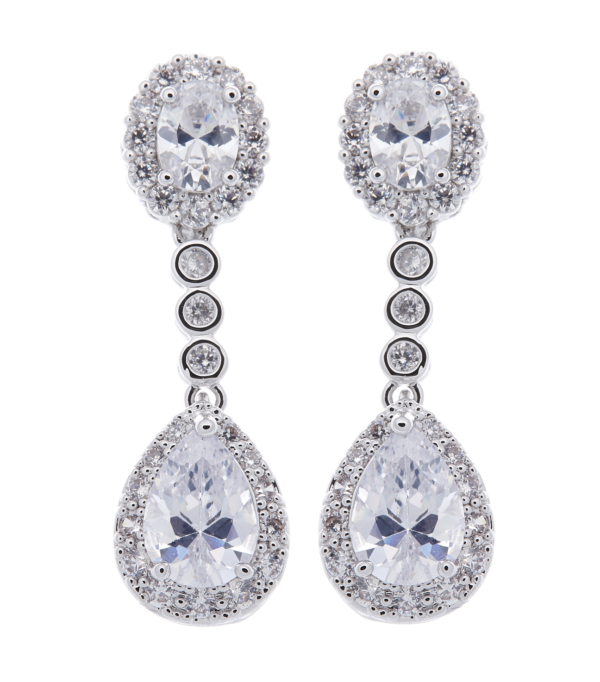 Clip On Earrings - Misty - silver luxury drop earring with clear cubic zirconia crystals and stones
