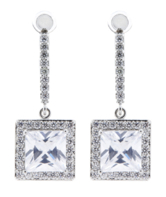 Clip On Earrings - Mya - silver earring with clear cubic zirconia crystals and a square stone