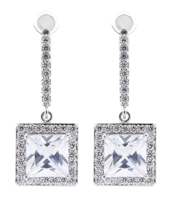 Clip On Earrings - Mya - silver earring with clear cubic zirconia crystals and a square stone