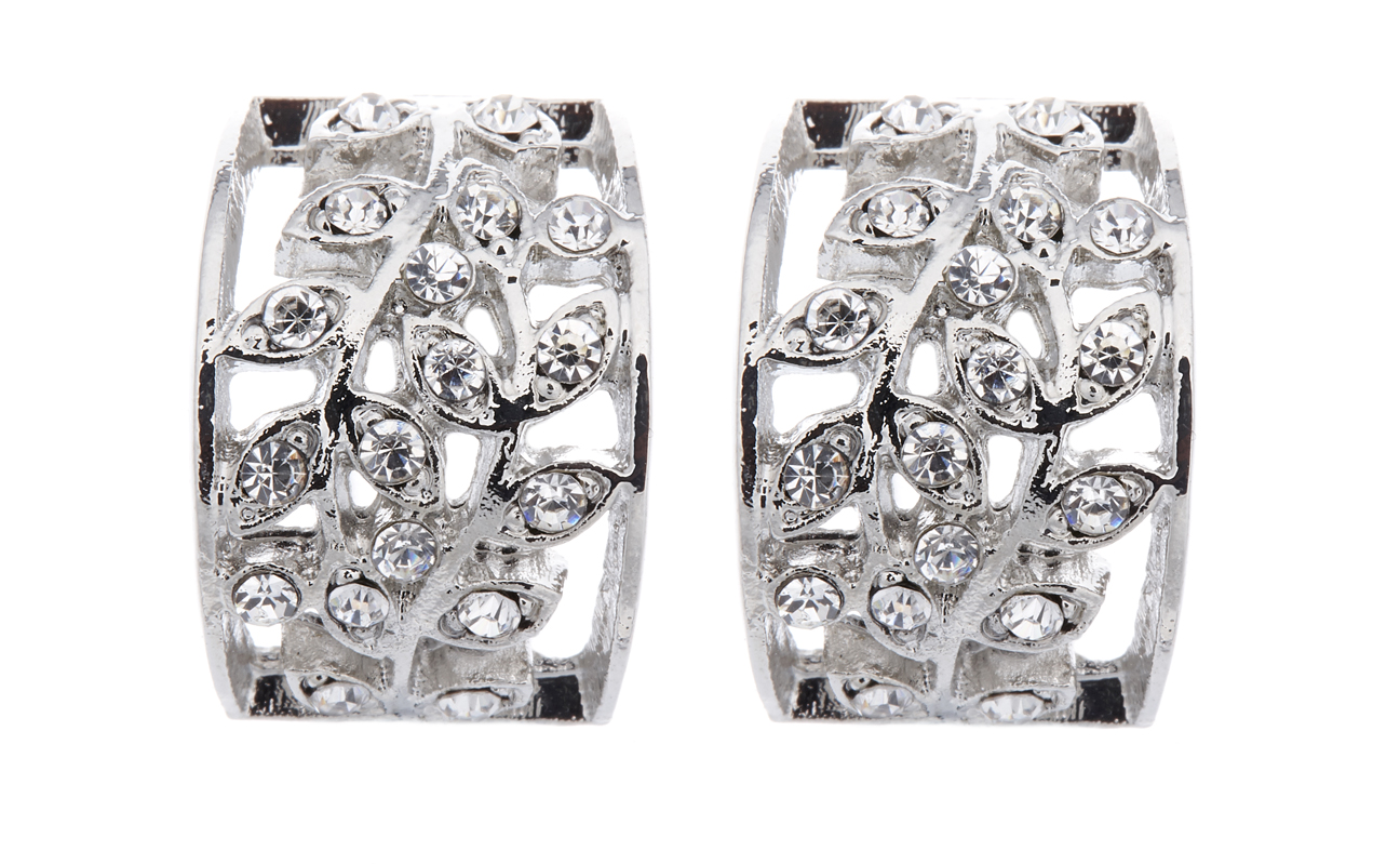 Clip On Earrings - Verity - silver leaf stud earring with clear crystals