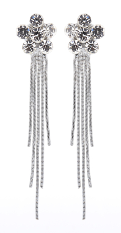 Clip On Earrings - Vicki - silver flower drop earring with silver strands