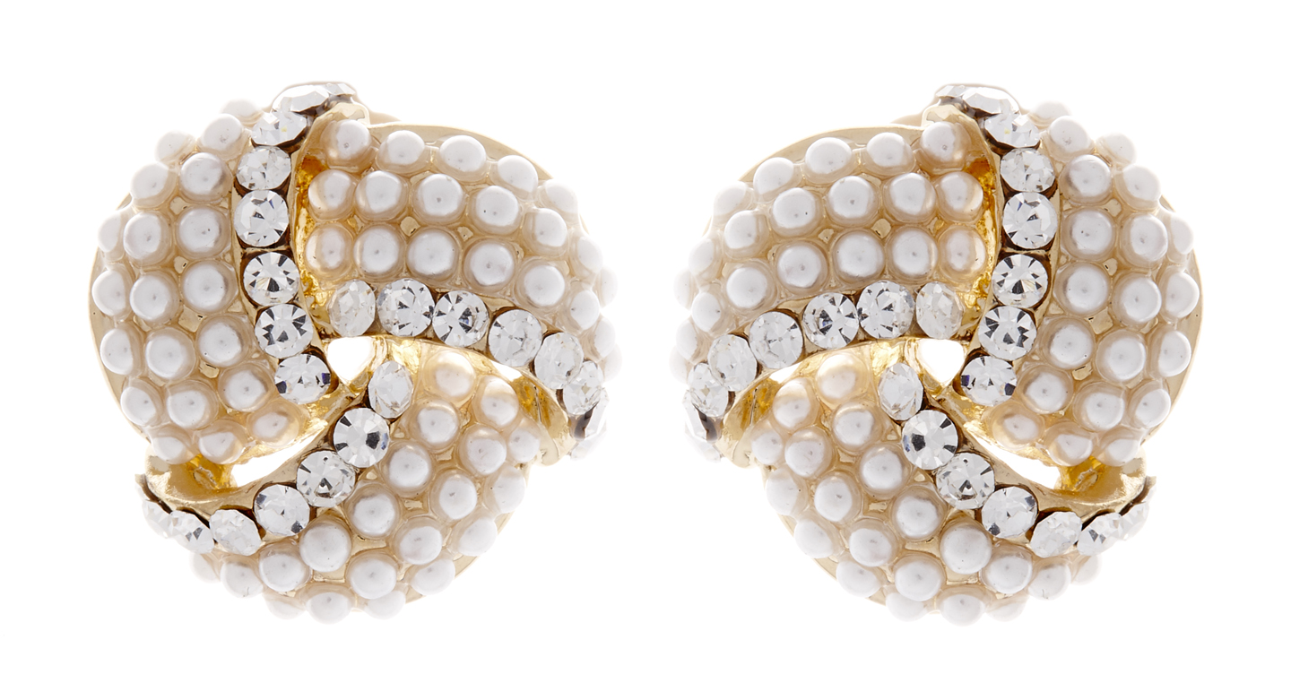 Clip On Earrings - Amelia - gold knot pearl stud earring with clear crystals