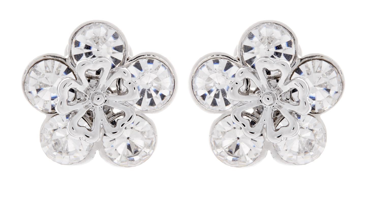 Clip On Earrings - Angel - silver flower stud earring with clear crystals