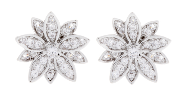 Clip On Earrings - Avril - silver flower earring with clear crystals