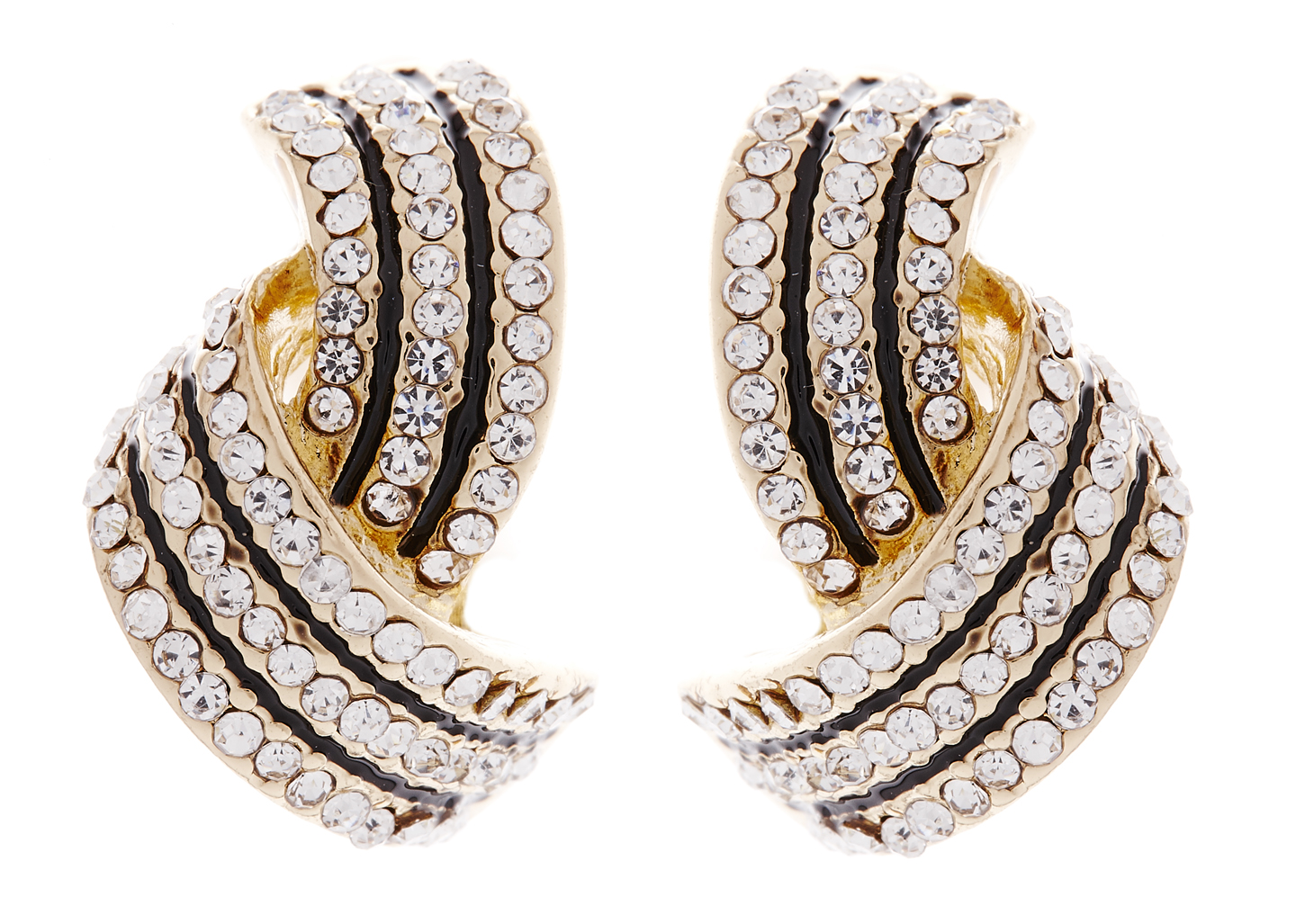 Clip on earrings - Camila - gold earring with clear crystals and black enamel