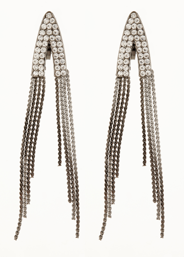 Clip On Earrings - Carla GM - gunmetal grey earring with clear crystals and linked strands