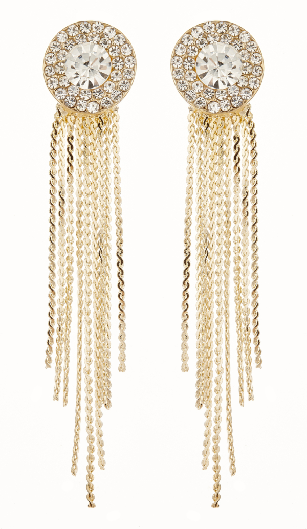Clip On Earrings - Carol G - gold earing with clear crystals and linked strands