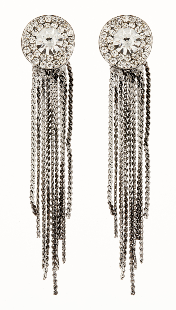 Clip On Earrings - Carol GM - gunmetal grey earring with clear crystals and linked strands