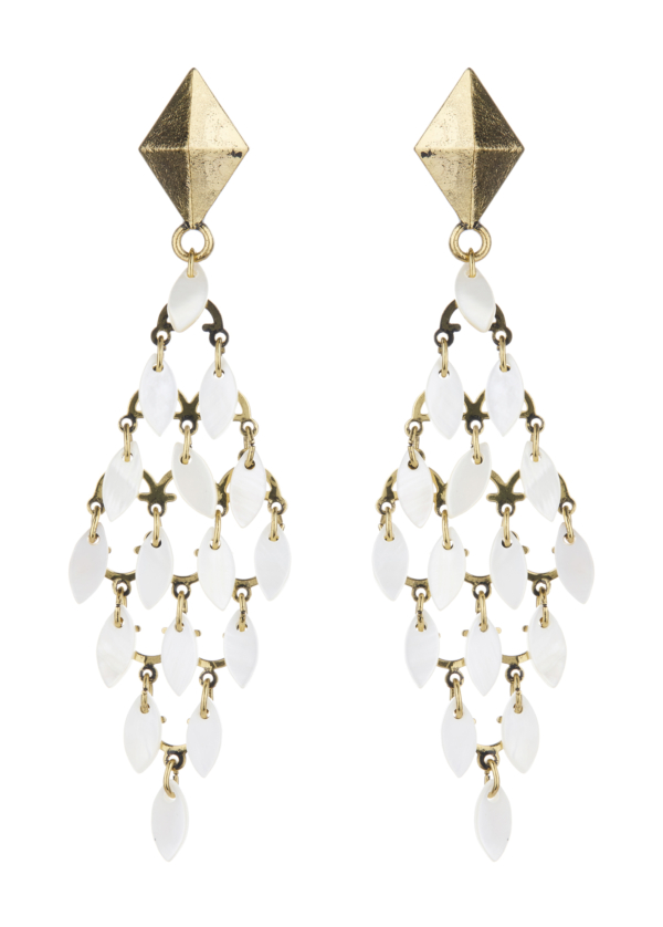 Clip On Earrings - Benita - antique gold chandelier earring with white shell