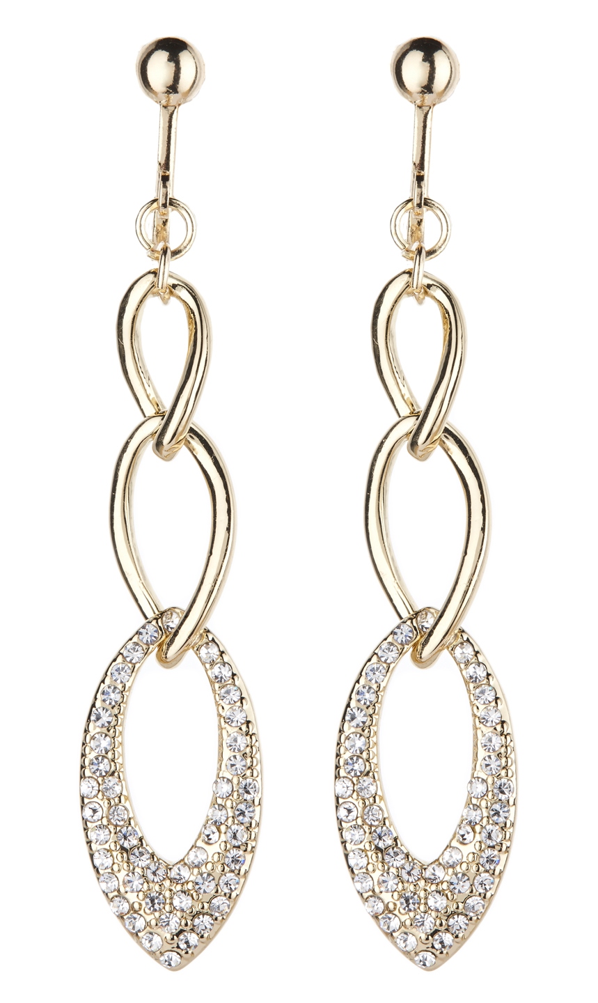 Clip On Earrings - Catlin G - gold drop earring with clear crystals