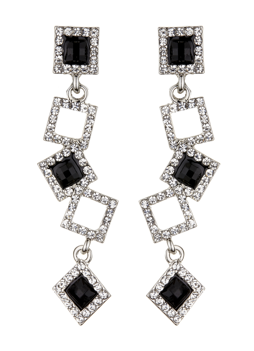 Clip On Earrings - Braith - silver earring with clear crystal squares and black stones
