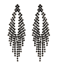 Clip On Earrings - Caca B - silver chandelier earring with black crystals