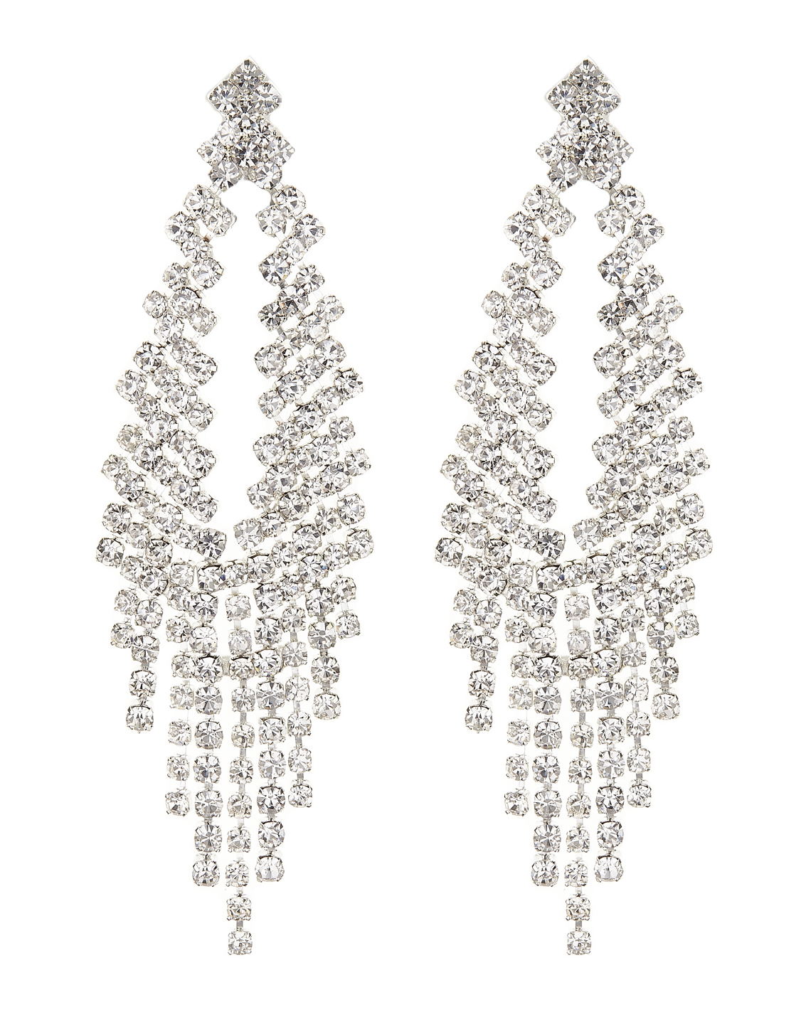 Clip On Earrings - Caca S - silver chandelier earring with clear crystals