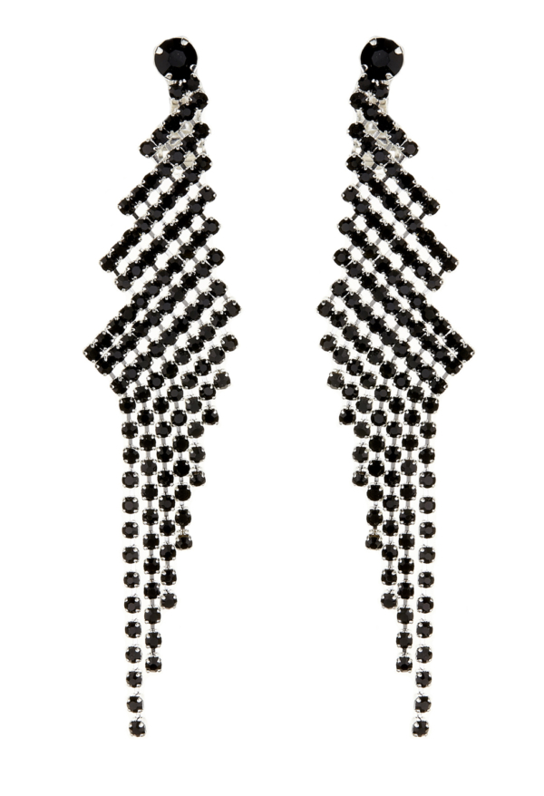 Clip On Earrings - Candra B - silver chandelier earring with black crystals