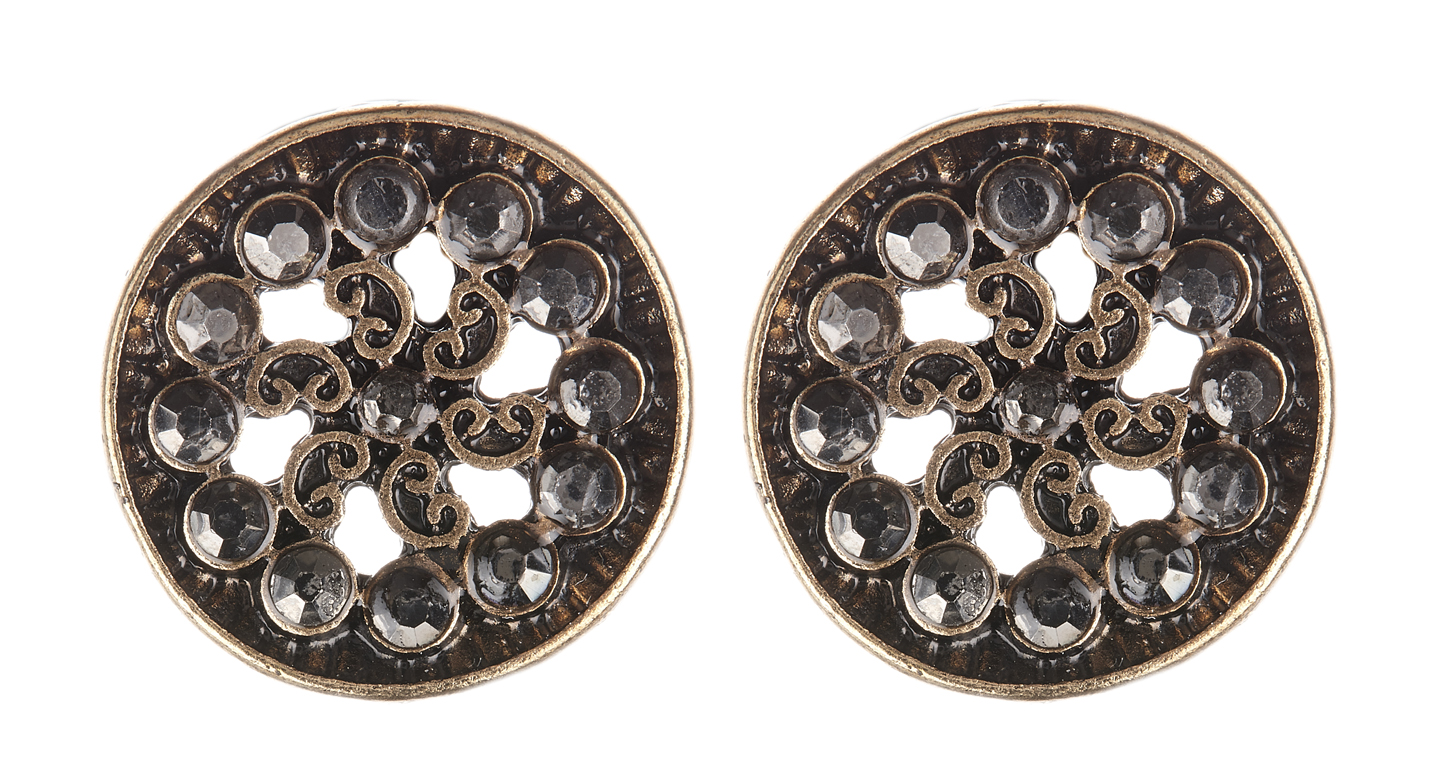 Clip On Earrings - Dacey - antique gold earring with black enamel and crystals