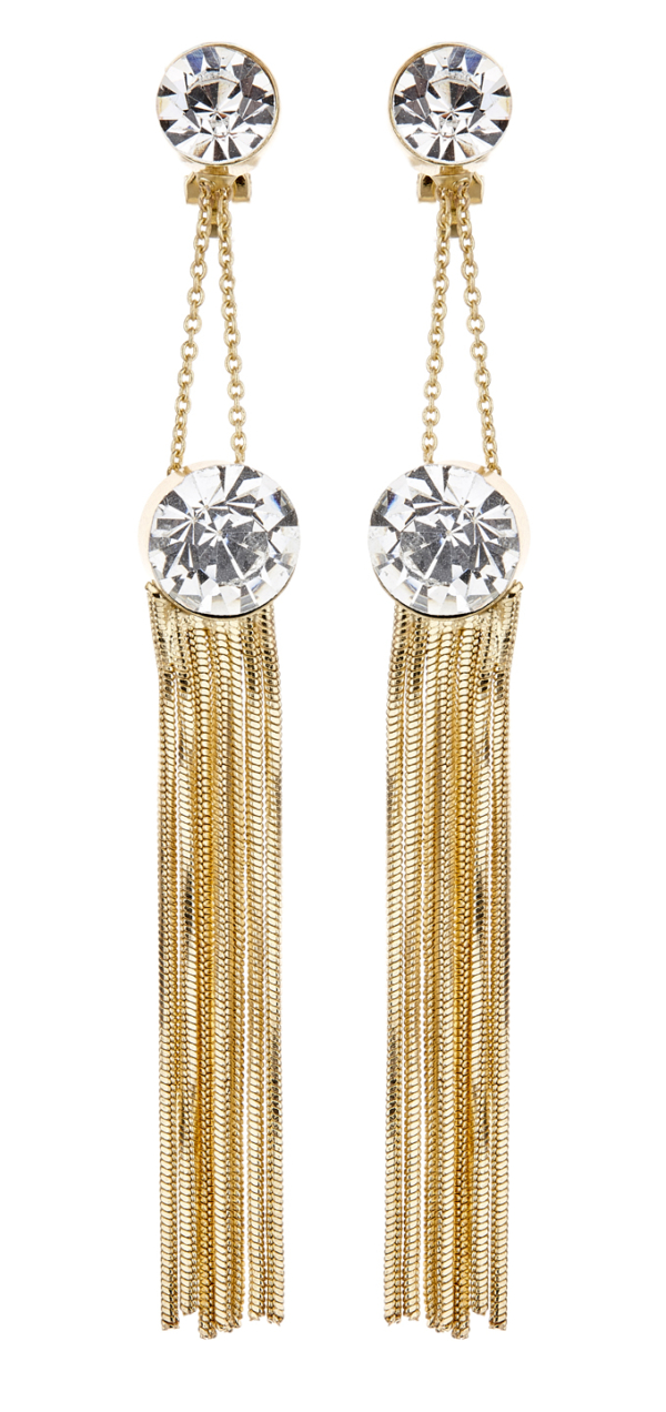 Clip On Earrings - Kalima - gold drop earring with chain linked crystals and strands