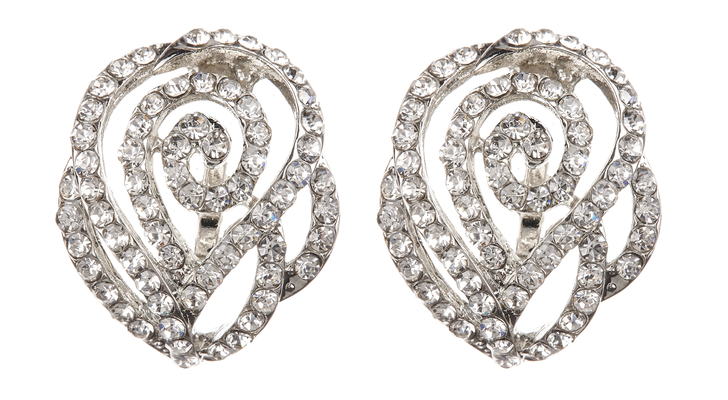 Clip On Earrings - Kamin - silver swirl stud earring with clear crystals