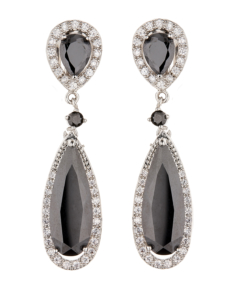 Clip On Earrings - Bano - silver luxury drop earring with black cubic zirconia stones