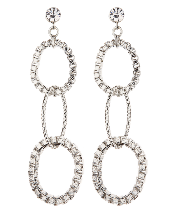 Clip On Earrings - Kaiya S - silver drop earring with three linked rings