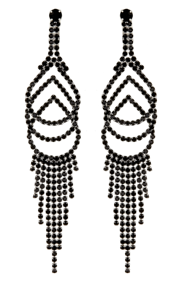 Clip On Earrings - Cael B - silver chandelier earring with black crystals