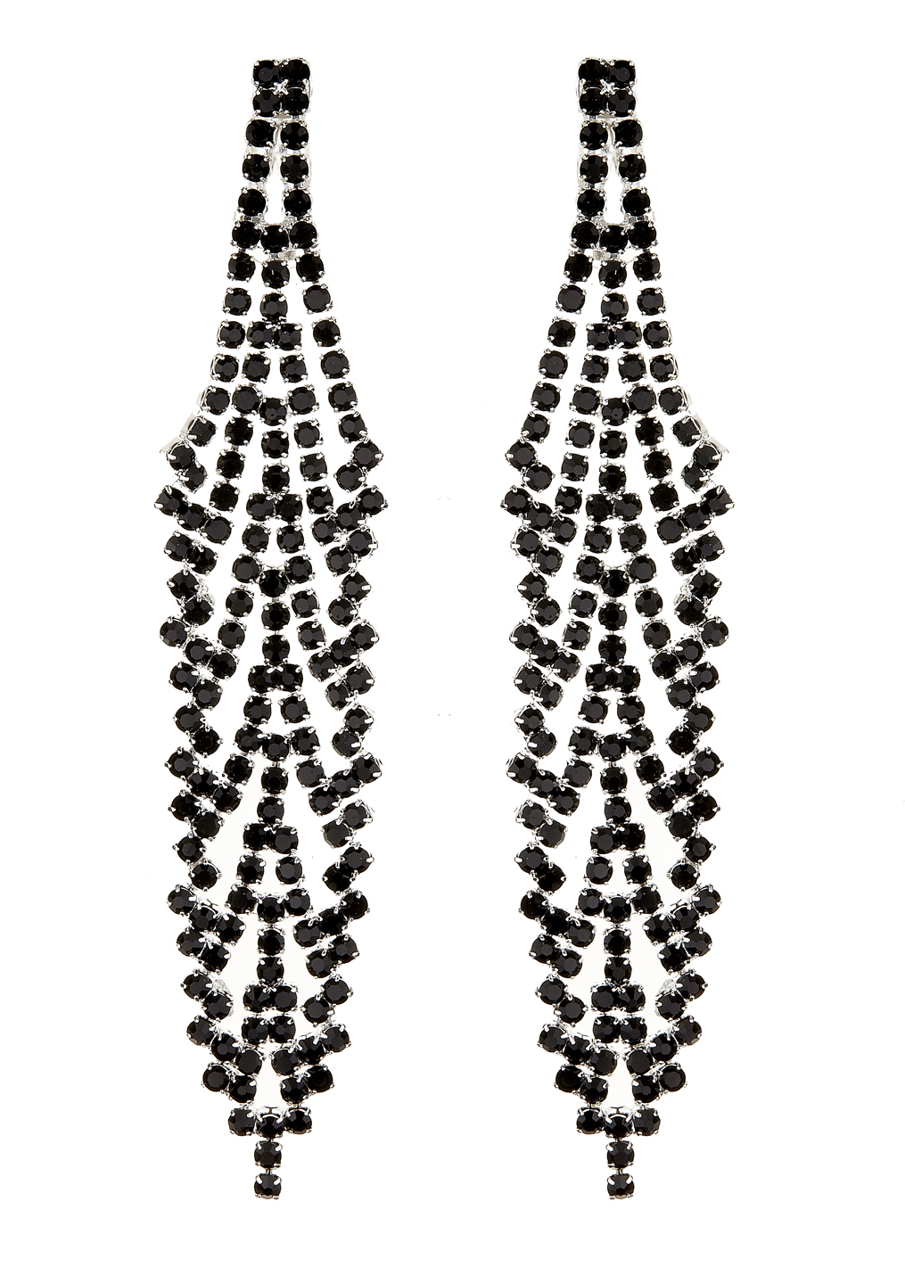 Clip On Earrings - Carew B - silver chandelier earring with black crystals