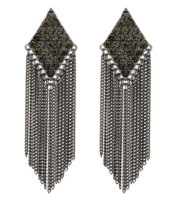 Clip On Earrings - Carys B - gunmetal grey earring with crystals and a chain fringe