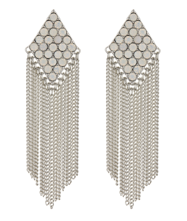 Clip On Earrings - Carys W - silver earring with crystals and a chain fringe