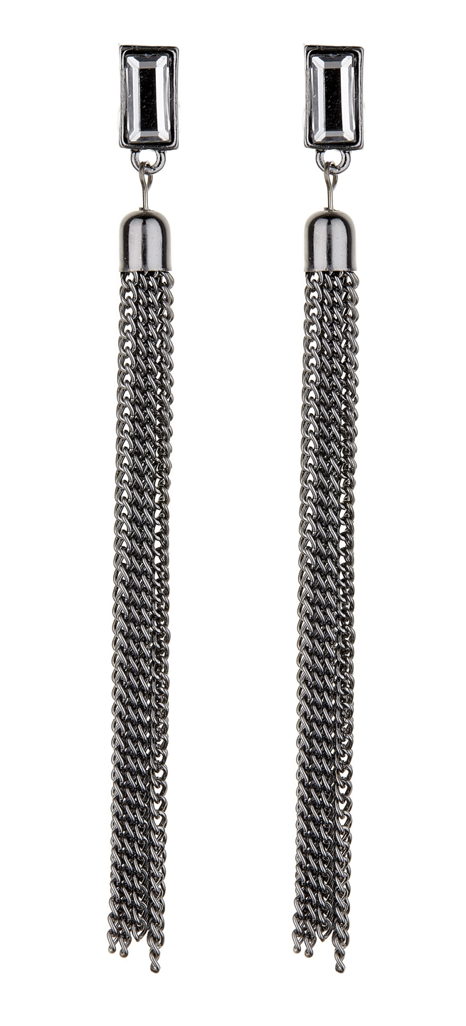 Clip On Earrings - Dallas - gunmetal grey earring with a clear stone and chain tassle
